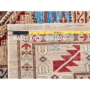 8'6"x9'10" Irish Cream Brown, Afghan Super Kazak with Geometric Medallions, Natural Dyes Densely Woven, Pure Wool Hand Knotted, Oriental Rug FWR517632