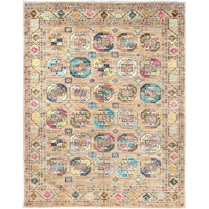 8'x10' Firewood Brown, Soft and Velvet Wool, Afghan Ersari with Colorful Elephant Feet Design, Hand Knotted Dense Weave, Natural Dyes, Oriental Rug FWR517644