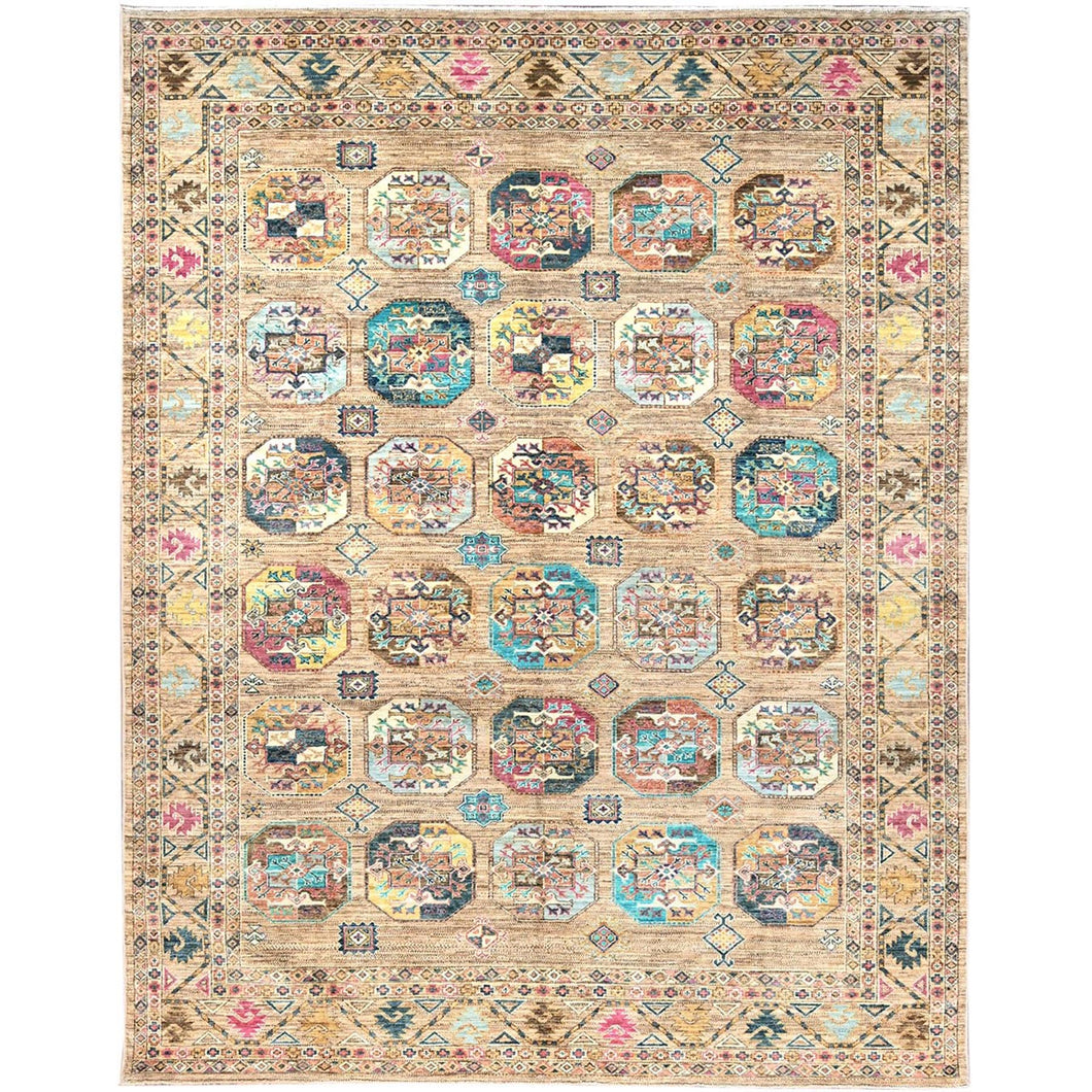 8'x10' Firewood Brown, Soft and Velvet Wool, Afghan Ersari with Colorful Elephant Feet Design, Hand Knotted Dense Weave, Natural Dyes, Oriental Rug FWR517644