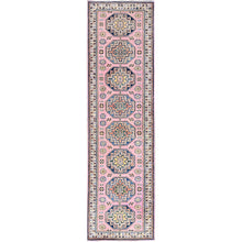 Load image into Gallery viewer, 2&#39;7&quot;x9&#39;7&quot; Mary&#39;s Rose Pink with Ivory Border, Kazak Geometric Medallions Hand Knotted, Vegetable Dyes and Dense Weave, Runner Natural Wool Oriental Rug FWR517722