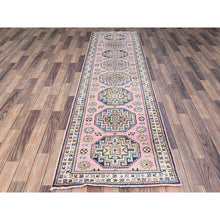 Load image into Gallery viewer, 2&#39;7&quot;x9&#39;7&quot; Mary&#39;s Rose Pink with Ivory Border, Kazak Geometric Medallions Hand Knotted, Vegetable Dyes and Dense Weave, Runner Natural Wool Oriental Rug FWR517722