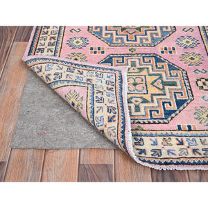 2'7"x9'7" Mary's Rose Pink with Ivory Border, Kazak Geometric Medallions Hand Knotted, Vegetable Dyes and Dense Weave, Runner Natural Wool Oriental Rug FWR517722