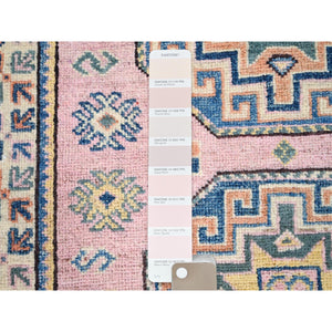 2'7"x9'7" Mary's Rose Pink with Ivory Border, Kazak Geometric Medallions Hand Knotted, Vegetable Dyes and Dense Weave, Runner Natural Wool Oriental Rug FWR517722