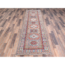 Load image into Gallery viewer, 2&#39;7&quot;x9&#39;3&quot; Silver Pink Gray, Natural Dyes, Hand Knotted Densely Woven, Kazak With Geometric Pattern, Oriental Extra Soft Wool Runner Rug FWR517734