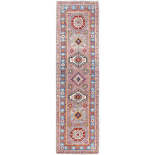Load image into Gallery viewer, 2&#39;6&quot;x9&#39;2&quot; Dusty Gray and Lapis Blue, Extra Soft Wool Kazak With Geometric Design, Dense Weave and Vegetable Dyes, Runner Oriental Hand Knotted Rug FWR517740