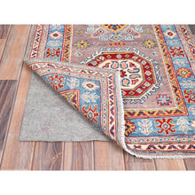 Load image into Gallery viewer, 2&#39;6&quot;x9&#39;2&quot; Dusty Gray And Lapis Blue, Extra Soft Wool Kazak With Geometric Design, Dense Weave And Vegetable Dyes, Runner Oriental Hand Knotted Rug FWR517740
