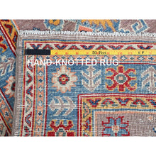 Load image into Gallery viewer, 2&#39;6&quot;x9&#39;2&quot; Dusty Gray And Lapis Blue, Extra Soft Wool Kazak With Geometric Design, Dense Weave And Vegetable Dyes, Runner Oriental Hand Knotted Rug FWR517740
