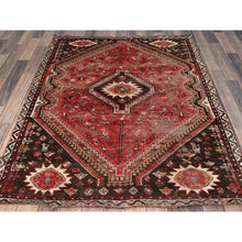 Load image into Gallery viewer, 4&#39;2&quot;x5&#39;7&quot; Crimson Red, Vintage Persian Shiraz with Small Animal Figurines, Geometric Medallion Design, Shaved Down, Zero Pile, Sides and Ends Professionally Secured, Clean, Hand Knotted, 100% Wool, Oriental Rug FWR5172