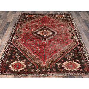 4'2"x5'7" Crimson Red, Vintage Persian Shiraz with Small Animal Figurines, Geometric Medallion Design, Shaved Down, Zero Pile, Sides and Ends Professionally Secured, Clean, Hand Knotted, 100% Wool, Oriental Rug FWR5172