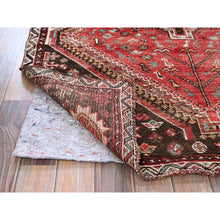 Load image into Gallery viewer, 4&#39;2&quot;x5&#39;7&quot; Crimson Red, Vintage Persian Shiraz with Small Animal Figurines, Geometric Medallion Design, Shaved Down, Zero Pile, Sides and Ends Professionally Secured, Clean, Hand Knotted, 100% Wool, Oriental Rug FWR5172