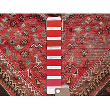 Load image into Gallery viewer, 4&#39;2&quot;x5&#39;7&quot; Crimson Red, Vintage Persian Shiraz with Small Animal Figurines, Geometric Medallion Design, Shaved Down, Zero Pile, Sides and Ends Professionally Secured, Clean, Hand Knotted, 100% Wool, Oriental Rug FWR5172