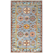 Load image into Gallery viewer, 3&#39;x5&#39; Steeple Gray, Hand Knotted, Pure Wool, Vegetable Dyes, Densely Woven Afghan Super Kazak with Geometric Elements, Oriental Rug FWR517848