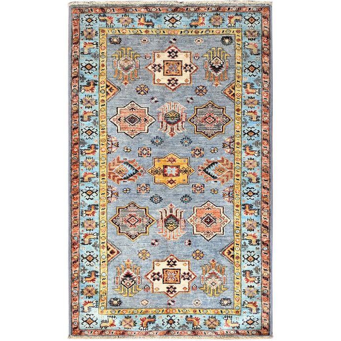 3'x5' Steeple Gray, Hand Knotted, Pure Wool, Vegetable Dyes, Densely Woven Afghan Super Kazak with Geometric Elements, Oriental Rug FWR517848
