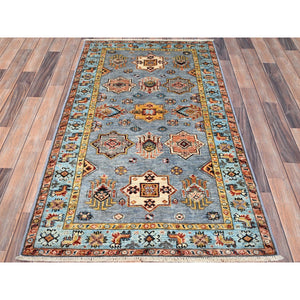 3'x5' Steeple Gray, Hand Knotted, Pure Wool, Vegetable Dyes, Densely Woven Afghan Super Kazak with Geometric Elements, Oriental Rug FWR517848