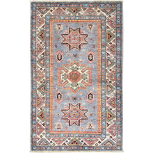 Load image into Gallery viewer, 3&#39;2&quot;x5&#39;2&quot; Ice Gray, Hand Knotted Super Kazak Geometric Design, Extra Soft Wool With Vegetable Dyes, Oriental Dense Weave Rug FWR517860