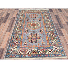 Load image into Gallery viewer, 3&#39;2&quot;x5&#39;2&quot; Ice Gray, Hand Knotted Super Kazak Geometric Design, Extra Soft Wool With Vegetable Dyes, Oriental Dense Weave Rug FWR517860