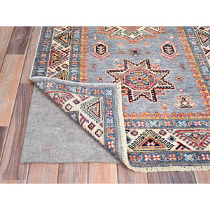 3'2"x5'2" Ice Gray, Hand Knotted Super Kazak Geometric Design, Extra Soft Wool With Vegetable Dyes, Oriental Dense Weave Rug FWR517860