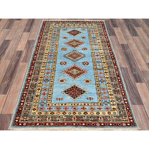 3'x5'2" Afton Blue, Hand Knotted, Super Kazak All Over Design, Natural Dyes, Super Fine Wool and Weave, Oriental Rug FWR517914