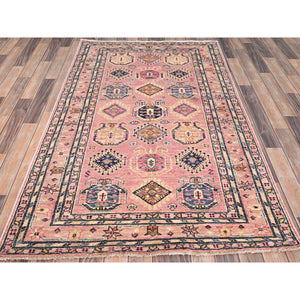 4'x6' Pink Salt, Vegetable Dyes, Dense Weave Organic Wool, Hand Knotted Afghan Super Kazak With Tribal Geometric Medallions, Oriental Rug FWR517932