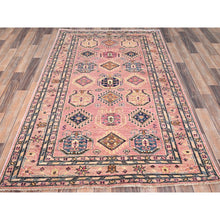 Load image into Gallery viewer, 4&#39;x6&#39; Pink Salt, Vegetable Dyes, Dense Weave Organic Wool, Hand Knotted Afghan Super Kazak With Tribal Geometric Medallions, Oriental Rug FWR517932