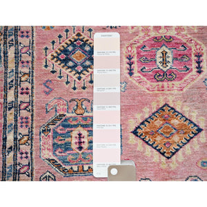 4'x6' Pink Salt, Vegetable Dyes, Dense Weave Organic Wool, Hand Knotted Afghan Super Kazak With Tribal Geometric Medallions, Oriental Rug FWR517932