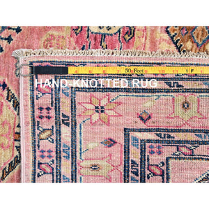 4'x6' Pink Salt, Vegetable Dyes, Dense Weave Organic Wool, Hand Knotted Afghan Super Kazak With Tribal Geometric Medallions, Oriental Rug FWR517932