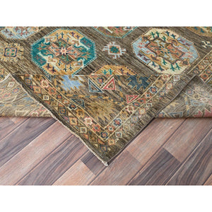 8'5"x10' Covert Green, All Over Motifs, Natural Dyes, Super Kazak Dense Weave and Tribal Medallion Design Extra Soft Wool Oriental Hand Knotted Rug FWR518046