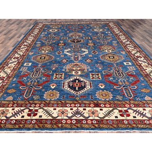 10'x13'5" Crystal Teal Blue, Hand Knotted Natural Dyes, Super Kazak Dense Weave With Tribal Medallion Design, Extra Soft Wool Oriental Rug FWR518058