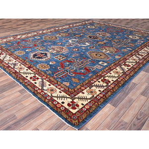 10'x13'5" Crystal Teal Blue, Hand Knotted Natural Dyes, Super Kazak Dense Weave With Tribal Medallion Design, Extra Soft Wool Oriental Rug FWR518058