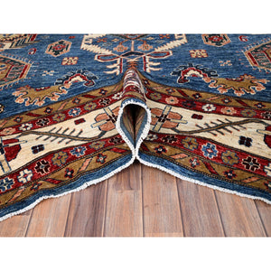 10'x13'5" Crystal Teal Blue, Hand Knotted Natural Dyes, Super Kazak Dense Weave With Tribal Medallion Design, Extra Soft Wool Oriental Rug FWR518058