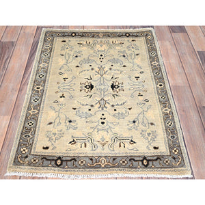 2'3"x3' Toque White With Misty Gray, Afghan Serapi Heriz Design, Pure Dyes, Densely Woven, Natural Wool, Hand Knotted Mat Oriental Rug FWR518292