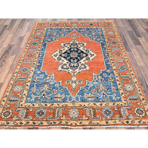 4'9"x6'6" Persimmon Orange, Afghan Serapi Heriz Design Densely Weave, 100% Wool, Hand Knotted, Natural Dyes, Oriental Rug FWR518304