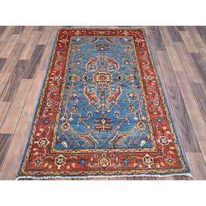 3'x5'1" Newport Blue, Hand Knotted Afghan Serapi Heriz Design, Natural Dyes Densely Woven, Extra Soft Wool, Oriental Rug FWR518346