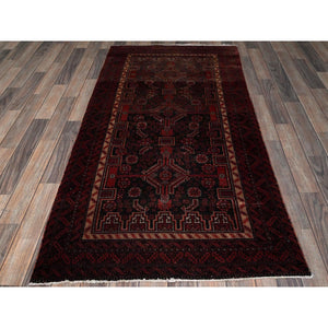 3'1"x6'5" Vermilion Red, Vintage Persian Baluch with Geometric Pattern, Sheared Low, Zero Pile, Evenly Worn, Sides and Ends Professionally Secured, Clean, Hand Knotted, 100% Wool, Wide Runner, Oriental Rug FWR5178