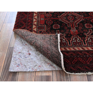 3'1"x6'5" Vermilion Red, Vintage Persian Baluch with Geometric Pattern, Sheared Low, Zero Pile, Evenly Worn, Sides and Ends Professionally Secured, Clean, Hand Knotted, 100% Wool, Wide Runner, Oriental Rug FWR5178