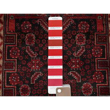 Load image into Gallery viewer, 3&#39;1&quot;x6&#39;5&quot; Vermilion Red, Vintage Persian Baluch with Geometric Pattern, Sheared Low, Zero Pile, Evenly Worn, Sides and Ends Professionally Secured, Clean, Hand Knotted, 100% Wool, Wide Runner, Oriental Rug FWR5178
