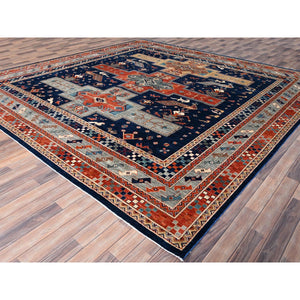 11'5"x11'9" Hague Blue And Matte Silver Gray, Hand Knotted Armenian Inspired Caucasian Design With Small Birds Figurines 200 Kpsi, Natural Dyes, Densely Woven, Soft Wool Square Oriental Rug FWR518454