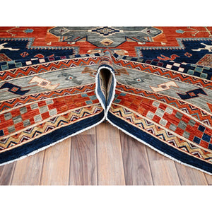 11'5"x11'9" Hague Blue And Matte Silver Gray, Hand Knotted Armenian Inspired Caucasian Design With Small Birds Figurines 200 Kpsi, Natural Dyes, Densely Woven, Soft Wool Square Oriental Rug FWR518454