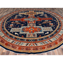 Load image into Gallery viewer, 12&#39;x12&#39; Ralph Lauren Blue, Gray Border, Armenian Inspired Caucasian Design With Small Birds Figurines, 100% Wool, Hand Knotted 200 Kpsi Densely Woven And Natural Dyes, Round Oriental Rug FWR518460