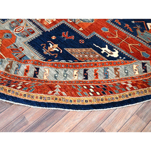 12'x12' Ralph Lauren Blue, Gray Border, Armenian Inspired Caucasian Design With Small Birds Figurines, 100% Wool, Hand Knotted 200 Kpsi Densely Woven And Natural Dyes, Round Oriental Rug FWR518460