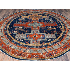 8'x8' Indigo Batik Blue, Soft And Velvety Wool, Natural Dyes, Armenian Inspired Caucasian Design, 200 Kpsi, Hand Knotted Round Oriental Rug FWR518466