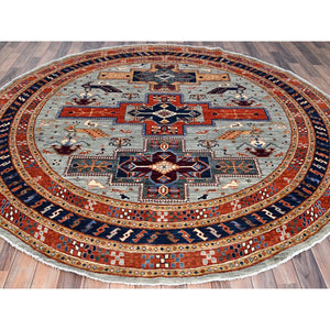 8'x8' Distant Star Gray, Armenian Inspired Caucasian Design, All Over Small Birds Figurines, 200 Kpsi, Natural Dyes, 100% Wool, Hand Knotted, Oriental Round Rug FWR518472