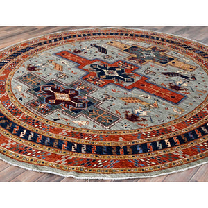 8'x8' Distant Star Gray, Armenian Inspired Caucasian Design, All Over Small Birds Figurines, 200 Kpsi, Natural Dyes, 100% Wool, Hand Knotted, Oriental Round Rug FWR518472