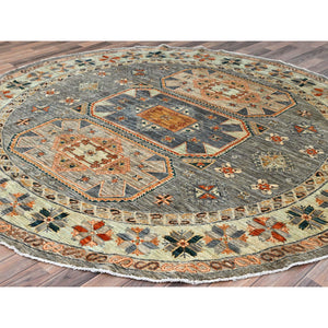 8'x8' Seared Gray, Extra Soft Wool 200 Kpsi, Armenian Inspired Caucasian Design, Vegetable Dyes, Hand Knotted, Round Oriental Rug FWR518478