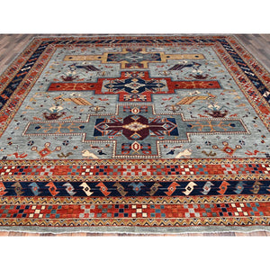 12'x12' Stormy Sky Gray, Dense Weave And Natural Dyes, All Wool, 200 Kpsi, Armenian Inspired Caucasian Design And Small Bird Figurines, Square Hand Knotted Oriental Rug FWR518490