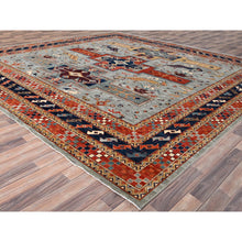 Load image into Gallery viewer, 12&#39;x12&#39; Stormy Sky Gray, Dense Weave And Natural Dyes, All Wool, 200 Kpsi, Armenian Inspired Caucasian Design And Small Bird Figurines, Square Hand Knotted Oriental Rug FWR518490