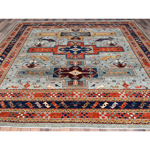 10'x10' Krypton Gray, Blue Border, Hand Knotted Armenian Inspired Kazak All Over Birds Figurines, 200kpsi, Pure Wool And Natural Dyes, Densely Woven Square Oriental Rug FWR518496