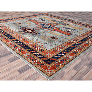 10'x10' Krypton Gray, Blue Border, Hand Knotted Armenian Inspired Kazak All Over Birds Figurines, 200kpsi, Pure Wool And Natural Dyes, Densely Woven Square Oriental Rug FWR518496