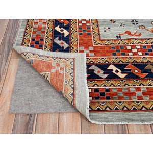 10'x10' Krypton Gray, Blue Border, Hand Knotted Armenian Inspired Kazak All Over Birds Figurines, 200kpsi, Pure Wool And Natural Dyes, Densely Woven Square Oriental Rug FWR518496
