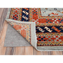 Load image into Gallery viewer, 10&#39;x10&#39; Krypton Gray, Blue Border, Hand Knotted Armenian Inspired Kazak All Over Birds Figurines, 200kpsi, Pure Wool And Natural Dyes, Densely Woven Square Oriental Rug FWR518496